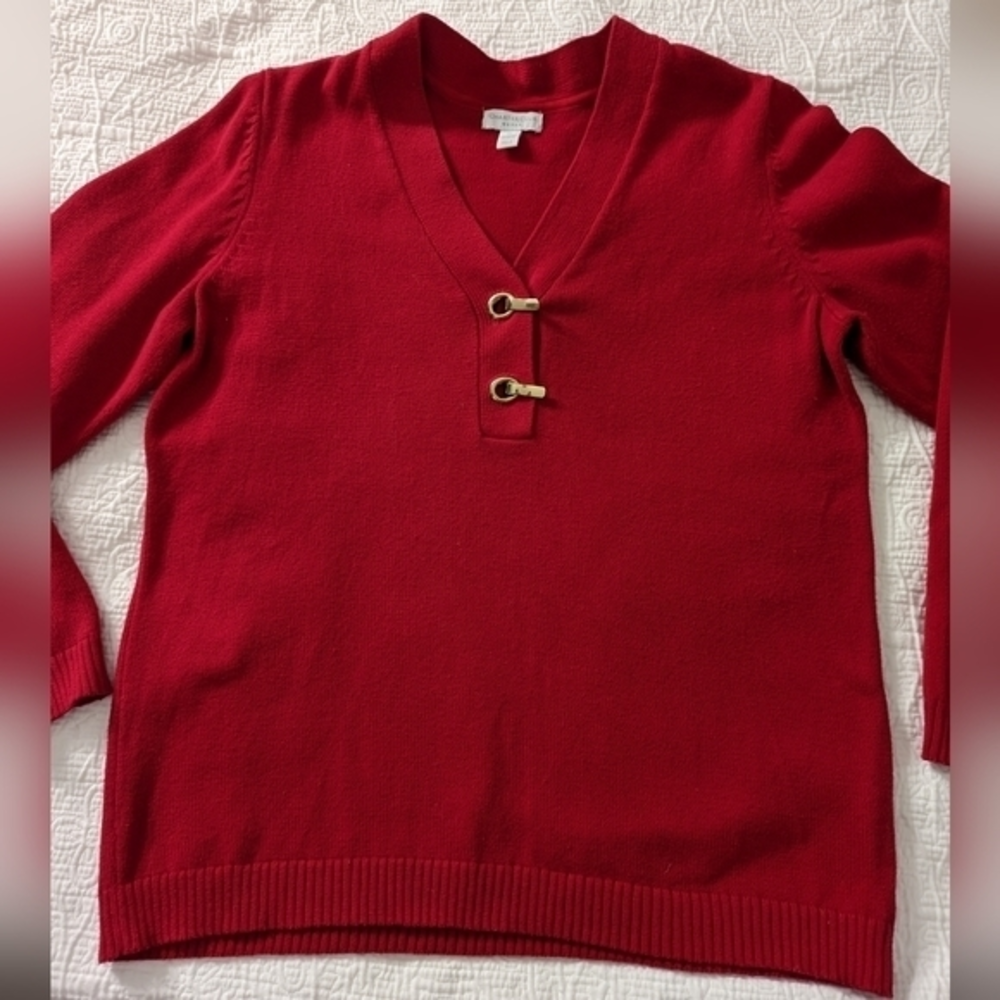 Charter Club Red Women's Sweater V Neck  Gold Grommet And Clasp Closures Size XL - Picture 2 of 9